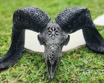 Hand Carved Ram Skull Wall Decor with Viking Design and black Horns