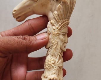 Hand Carved Deer Antler Knife Handle – Native American Warrior & Horse Head – Stag Crown