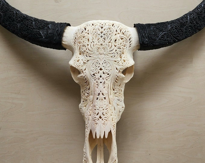 Carve buffalo skull carving floral white with carved horn