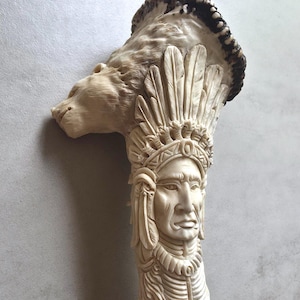 手彫りの鹿の角のナイフハンドル - ネイティブスピリットアニマル、オオカミ、ワシ、クマ