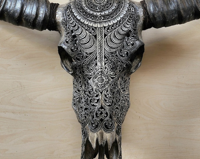 carve buffalo skull boho grey