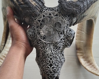 ram skull carving goat head