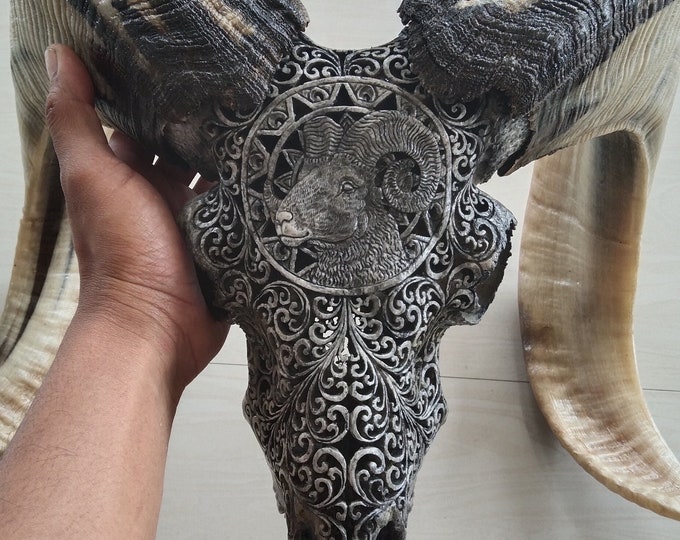 ram skull carving goat head
