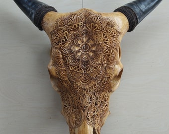 White Faux Cow Skull Mandala Pattern 2 sizes Wall Steer Bull Horn Head Boho