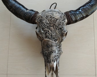 Dragon Carved Buffalo Skull Mythical Creature Carving | Rustic Boho Wall Hanging | Ethical Bone Decor