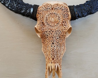 Carved buffalo skull lotus long carved horn