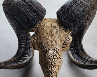 carve ram skull lion in brown