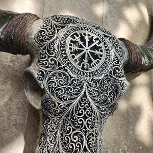 Cráneo de búfalo tallado a mano: decoración vikinga con cuernos largos