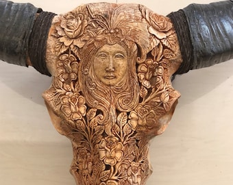 buffalo skull carving Lady Rose long horn