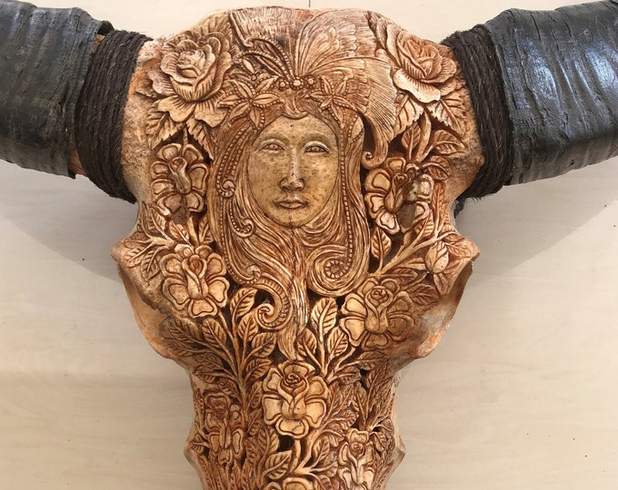 buffalo skull carving Lady Rose long horn