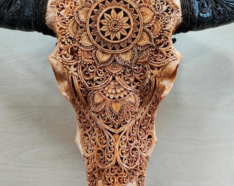 Carved Buffalo Skull – Natural Bone Mandala Wall Art | Handcrafted Balinese Tribal Decor | Boho Rustic Home Wall Hanging | Ethically Sourced