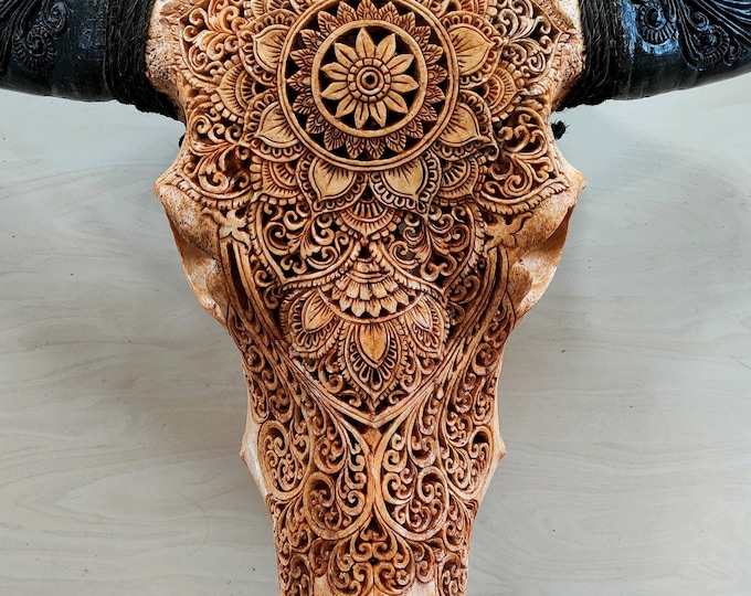 carve buffalo skull Mandala lotus huge