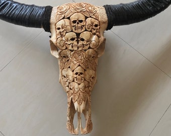 carved buffalo skull rose long horn