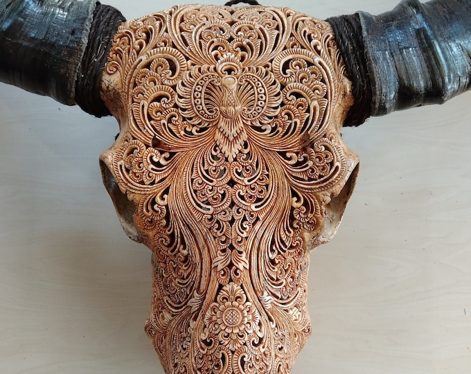 carve buffalo skull floral antic