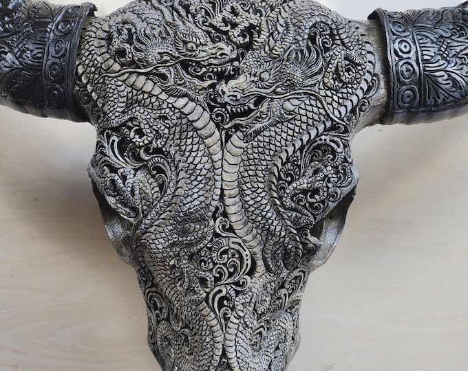 carved buffalo skull dragon with carved horn