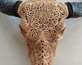 carved buffalo skull carving mandala round