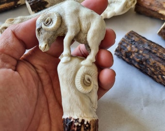 Hand Carved Deer Antler Mountain Goat Cane Handle – Wildlife Art