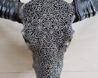 Carved buffalo skull mandala grey small carving