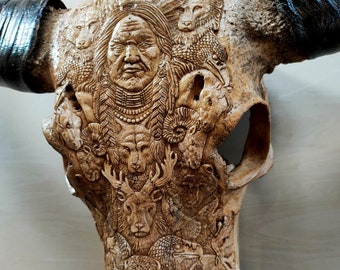 Hand Carved Buffalo Skull Wall Hanging – Native Tribal Wildlife Sculpture, Rustic Wall Art