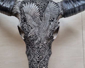 carve buffalo skull eagle white with micro patern grey