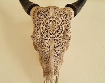 cow skull carving BOHO wall decor