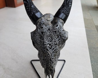 Carve goat skull carving mandala grey