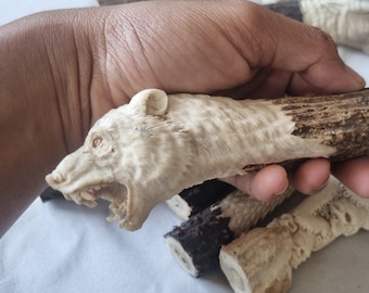 Hand-Carved Deer Antler Knife Handle – Bear Head Design