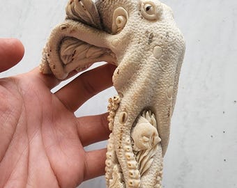 Hand Carved Deer Antler Octopus Walking Stick Handle – Nautical Art