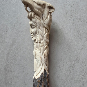 Hand Carved Bone Handle – Tribal Warrior Figure – Antique Style Cane or Knife Handle