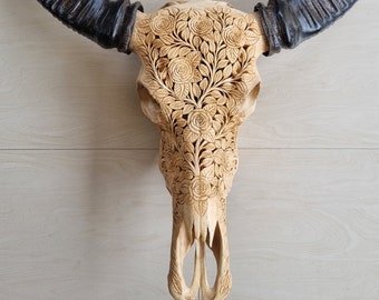 carved skull buffalo skull cow Rose antic