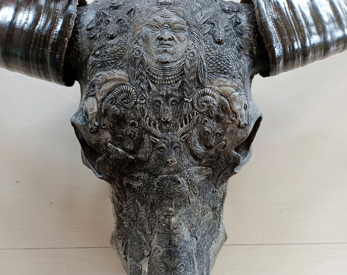 carved skull buffalo skull Indian Grey