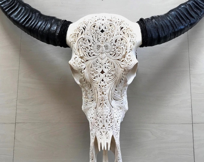 Featured listing image: Carved buffalo skull carving floral