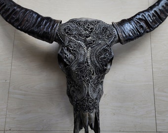 carved buffalo skull dragon love grey
