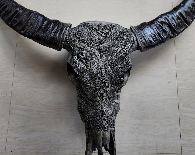 carved buffalo skull dragon love grey