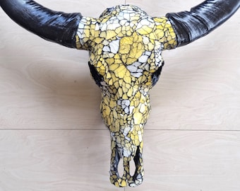 SKULL glass mosaic buffalo skull mirror