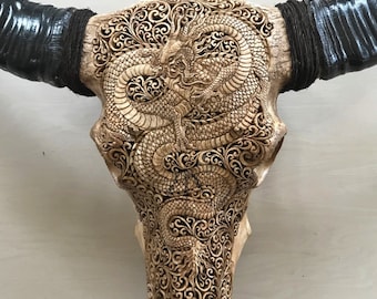 carved buffalo skull dragon