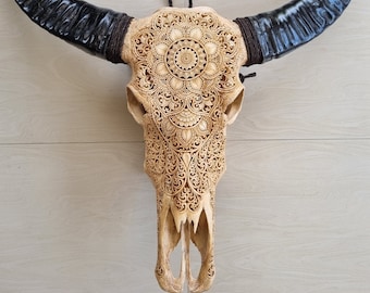 carve buffalo skull mandala full long horn