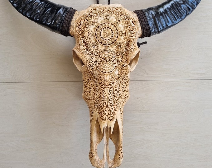 carve buffalo skull mandala full long horn