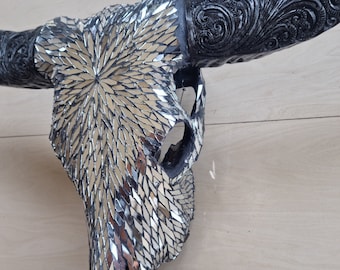 SKULL art glass mosaic in huge buffalo skull with carved horn