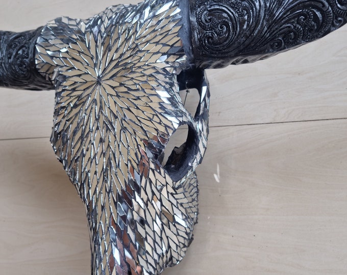 SKULL art glass mosaic with carved horn