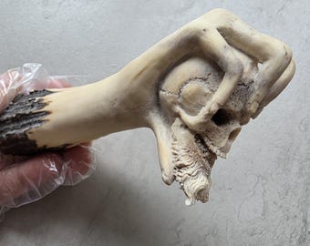 Hand-Carved Deer Antler Handle – Skull with Hand Design | Unique Bone & Horn Art | Gothic, Tribal, Boho Decor