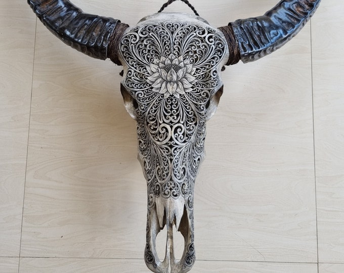 carved buffalo lotus grey medium horn
