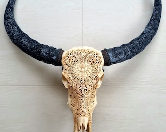 Hand Carved Buffalo Skull – Lotus Floral, Gothic Boho Wall Art