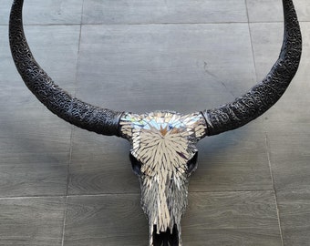 Black Geometric Buffalo Skull Wall Decor – Hand Carved Tribal Skull Art Modern Gothic