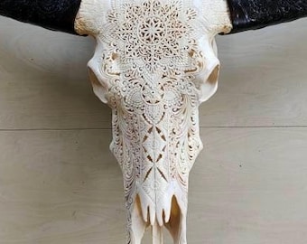 Tribal Hand Carved Buffalo Skull Art – Mandala Ethnic Wall Sculpture, One of a Kind Collectible