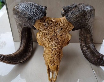 Hand Carved Ram Skull Mandala – Genuine Bone Boho Wall Decor