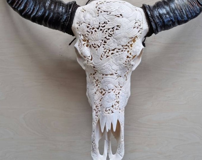 carved buffalo skull KOI fish japanese white