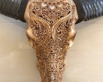 Carve buffalo skull half mandala