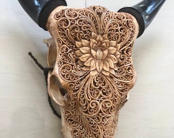 carved cow skull lotus
