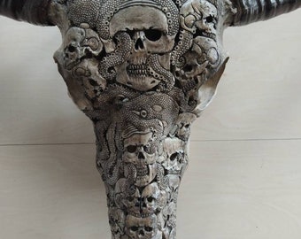 Carved buffalo skull with octopus